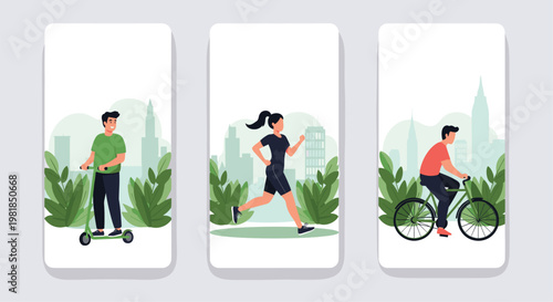 Mobile app screens showcase people participating in healthy outdoor activities such as riding a scooter, running, and cycling in a city.
