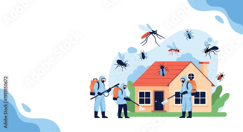 Pest control specialists in protective hazmat suits spray chemicals around a house to eliminate large invading insects and pests.