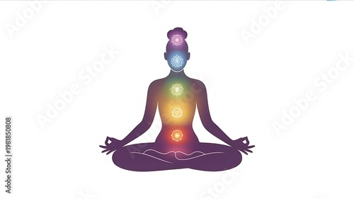 Woman sitting in lotus position with glowing colorful seven chakras for yoga and meditation concept