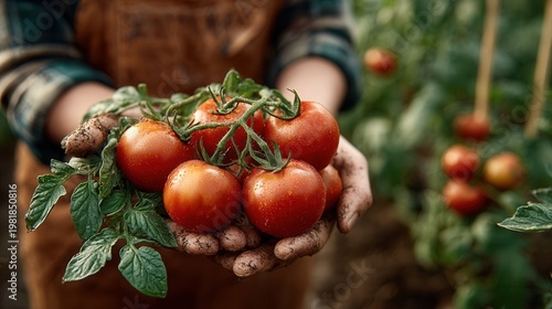 female farmer holding a bunch of ripe tomatoes with green leaves, organic produce, outdoor farm background, natural agricultural scene 