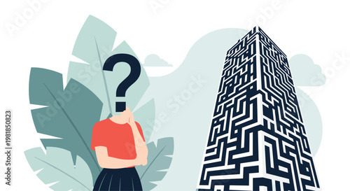 Person with a question mark covering their face looks up at a massive skyscraper built in the shape of a complex and difficult maze.