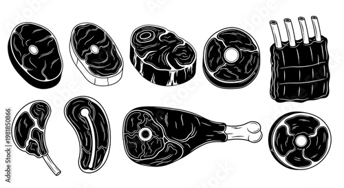 Steak, meat, beef icons, black and white, line art, 9 elements