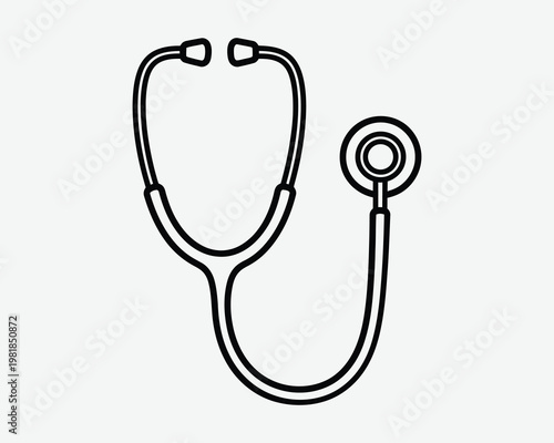 Black and white line drawing of a classic medical stethoscope on a gray background