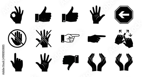 Hand gesture icons, thumb up down symbols, hand signs, gesture collection, black vector graphics