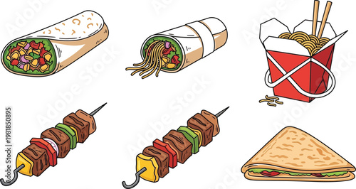 Assorted international street food and snacks illustration Vector