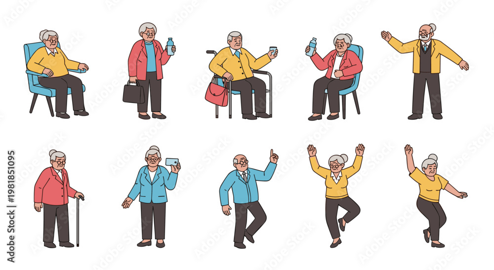 Naklejka premium Diverse set of poses shows an elderly man and woman enjoying life by sitting, walking with a cane, holding items, and dancing happily.