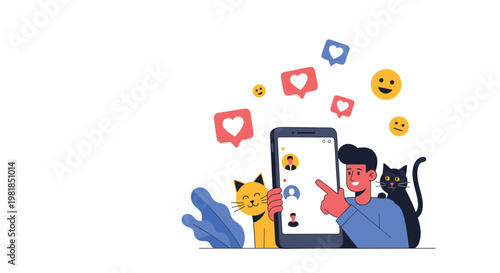 Young man interacts with a social media app on a large smartphone while surrounded by cute pet cats and floating notification icons.
