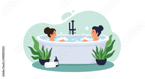 Two young women relax and talk while taking a luxury bubble bath together in a large white tub surrounded by beautiful indoor plants.