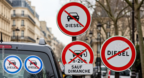 A city street with signs indicating a diesel vehicle ban on a cloudy day