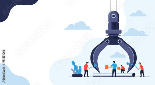 Large industrial crane claw is used by small workers to lift and move a heavy pipe on a stylized construction site with blue clouds.