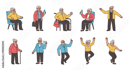 Diverse set of poses shows an elderly man and woman enjoying life by sitting, walking with a cane, holding items, and dancing happily.