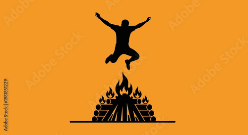 Silhouette of person jumping over campfire, celebrating freedom and adventure