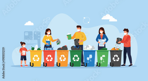 Volunteers wearing face masks sort different types of waste into various colorful recycling bins to help protect the environment.