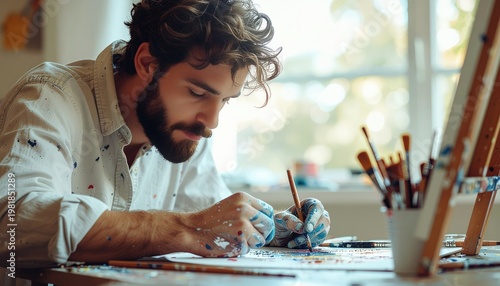 an artist concentrated on the canvas. the room has natural light from the windows and various art tools