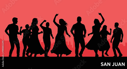 Silhouette People Dancing at Night Party with Cityscape Background