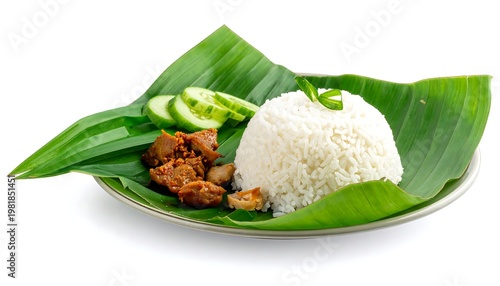 A plate showcases white fluffy rice with a garnish, sliced cucumbers, and a side of savory-looking seasoned meat, all on green leaves
