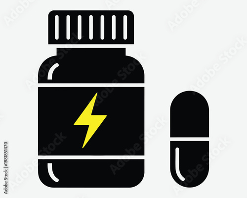 Energy supplement icon black bottle and capsule representing vitality and power