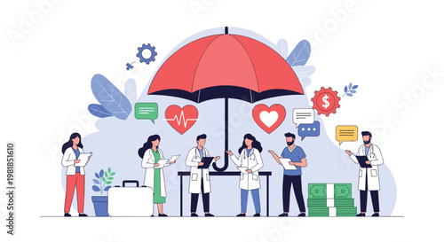 Medical professionals and healthcare staff stand together under a protective red umbrella for insurance coverage concept.