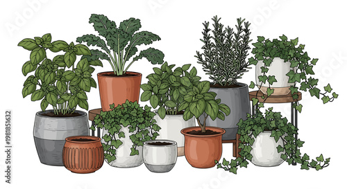 An eclectic assortment of vibrant green houseplants, including fresh herbs and leafy greens, flourishing in diverse decorative pots, creating a serene and healthy indoor garden display