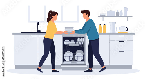 Young couple working together in a modern kitchen to load the dishwasher with clean plates and glasses for home chores.