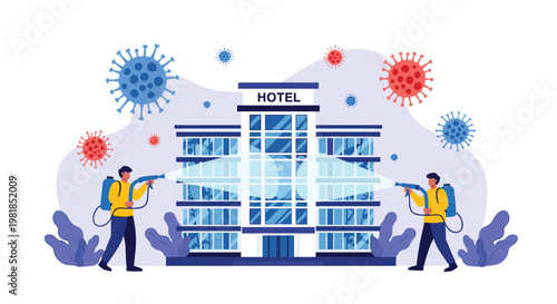 Professional disinfection team in protective suits spraying chemical cleaners on a hotel building to fight viral germs.