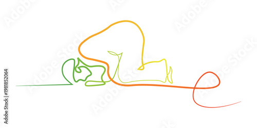 Abstract continuous gradient line art illustration of a person bowing in prayer meditation humility