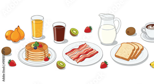 Delicious breakfast spread on a table featuring pancakes, bacon, toast, milk, fresh fruits, and hot coffee illustration.