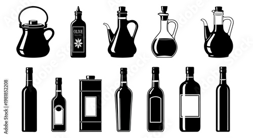 Black wine, bottle, jug, and kettle icons, 10 piece vector set
