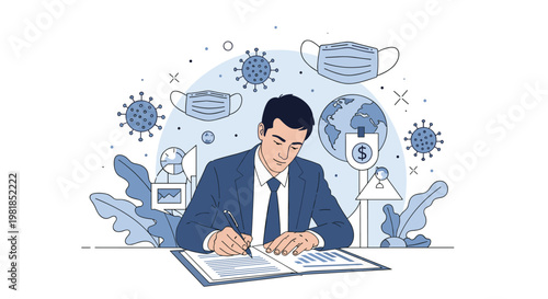 Global economy illustration with a businessman signing papers surrounded by virus symbols and protective face masks.