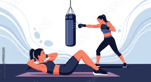 Two fit women exercising in a gym where one performs sit-ups on a mat and the other punches a heavy boxing bag.