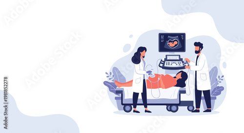 Medical professionals performing an ultrasound scan on a pregnant woman in a clinical room for prenatal checkup.