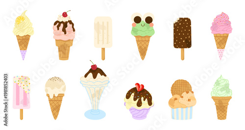 Cute ice cream set. Various cones, popsicles and creamy desserts collection. Sweet summer treats perfect for kids design, cafe menu, posters and cards. Flat vector illustraton.