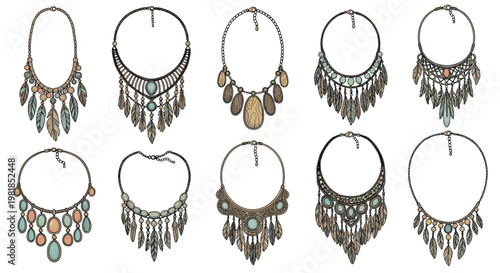 Collection of bohemian style necklaces with intricate beadwork, feathers, and colorful gemstones for fashion design.