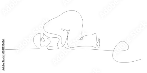 Simple continuous one line drawing of a person prostrating in spiritual prayer or deep meditation vector graphic