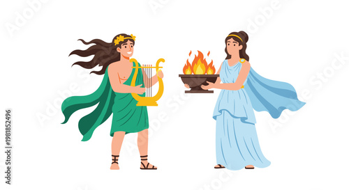 Ancient Greek characters with a man playing a golden lyre and a woman holding a bowl with eternal flame in robes.