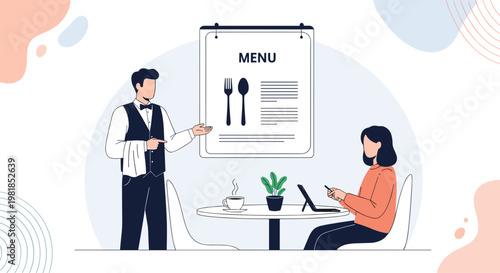 Professional waiter in a vest presenting a food menu to a female customer sitting at a table in a modern restaurant.