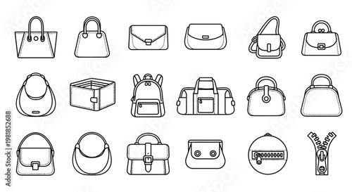 Handbag, purse, and luggage icons, 20 minimalist line style illustrations, black and white