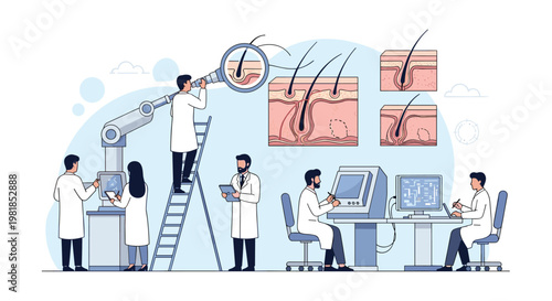 Scientists in a laboratory using microscope and monitors to study human hair follicles and skin layers for dermatology.