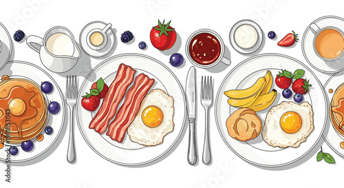 Seamless horizontal pattern of various breakfast dishes including pancakes eggs bacon fruits and coffee seen from above.