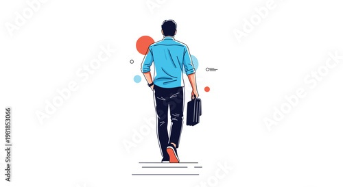 Rear view of businessman carrying briefcase walking forward towards goals or new career opportunities in minimalist style.