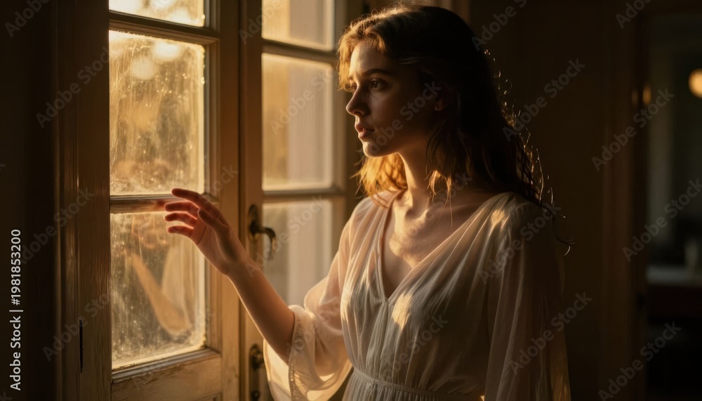 Fototapeta premium Young woman in white robe holding a cat by the window in warm evening light