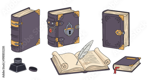 Collection of antique leather bound magical books with metal clasps alongside parchment scroll quill pen and inkwell.