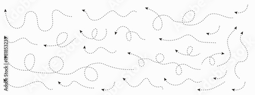 Hand drawn curve dotted line arrow set. Sketchy directional pointer symbols. Creative dashed line vector arrows.