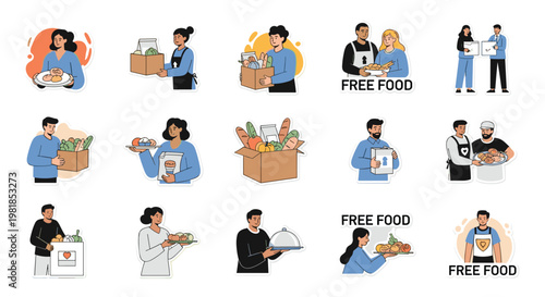 Set of stickers depicting various people distributing free food and groceries to community members for charity and support.