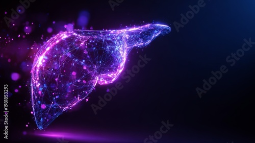 A vibrant purple and blue digital illustration of a human liver with a futuristic neon glow