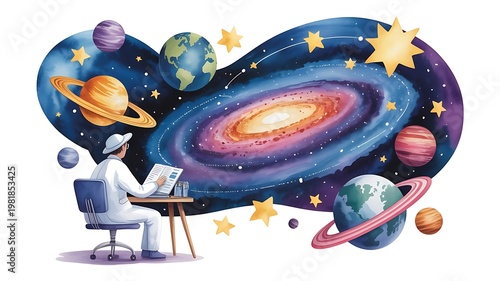 Scientist illustrating a cosmic galaxy and solar system planets in a creative watercolor art style