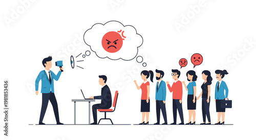 Angry boss using megaphone to shout at employee while others wait in line with negative thoughts and stressed expressions.