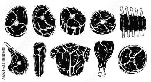 Black and white meat cuts, butcher shop icons, vector illustrations, raw beef steaks and chops