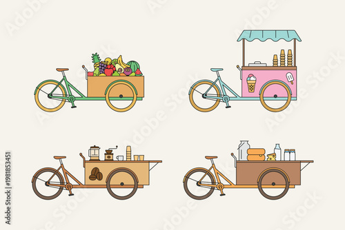 Set of Bike food cart cartoon colorful vector illustration. Coffee bike, ice cream tricycle, bicycle fruit seller logo icon