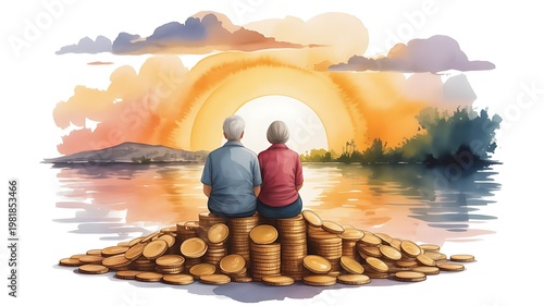 Elderly couple sitting on a pile of gold coins watching a peaceful sunset over water representing retirement savings